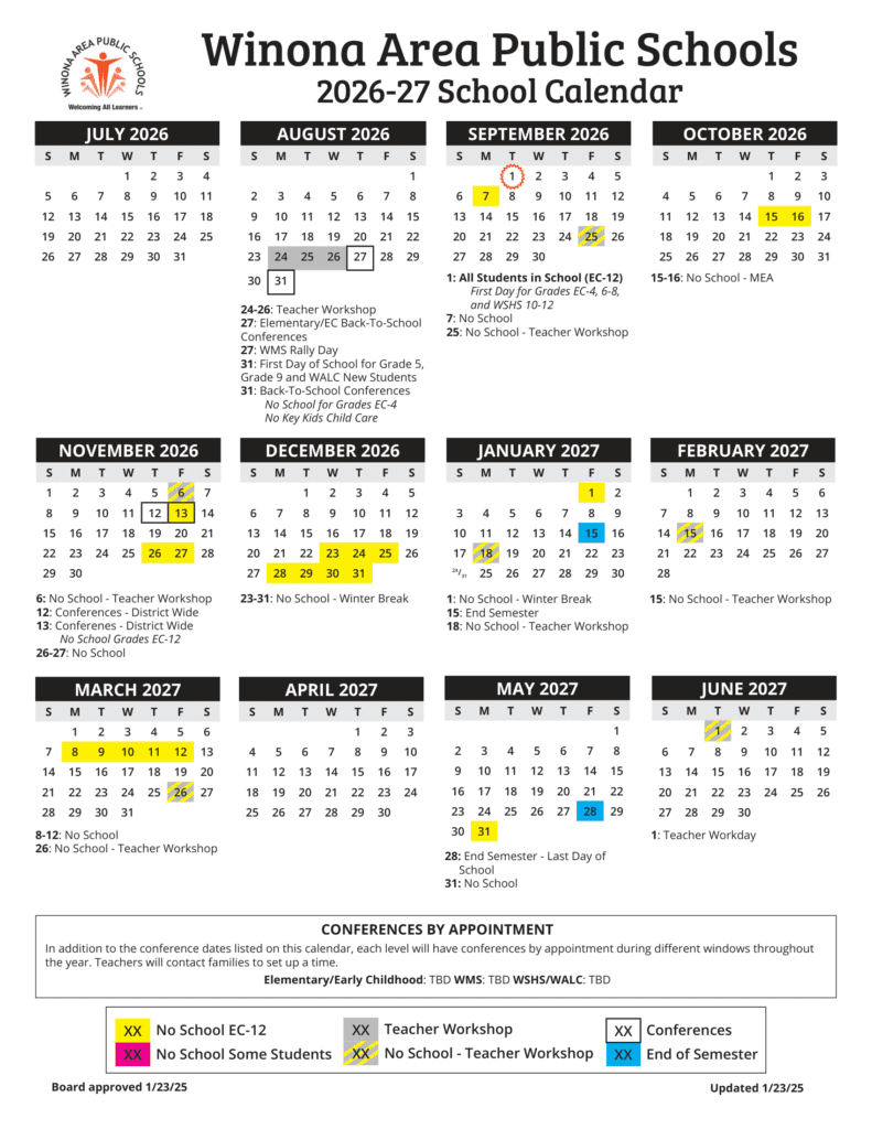 Winona Area Public Schools 26-27 Calendar