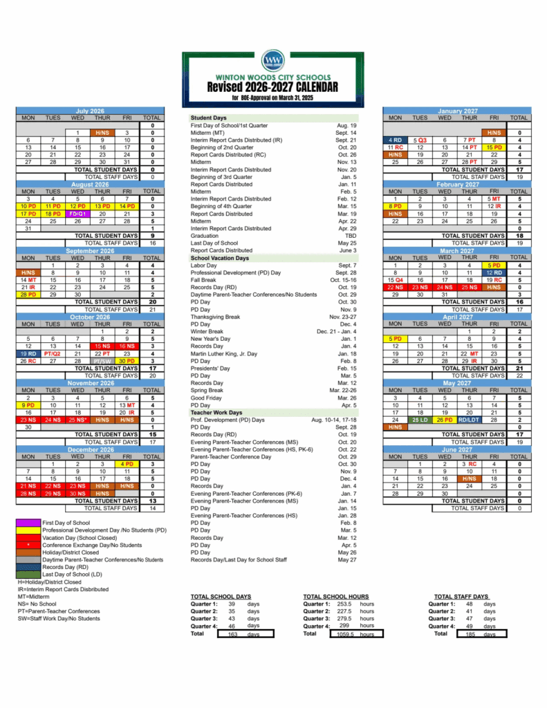 Winton Woods City Schools 26-27 Calendar