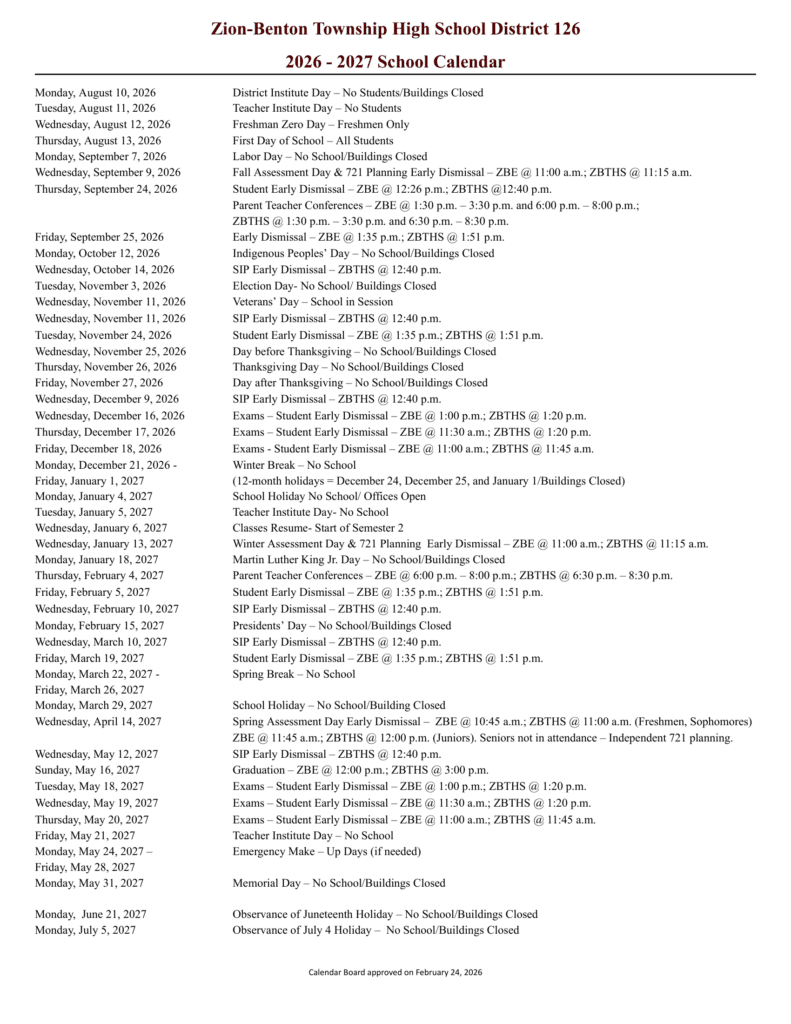 Zion-Benton Township High School District 126 26-27 Calendar