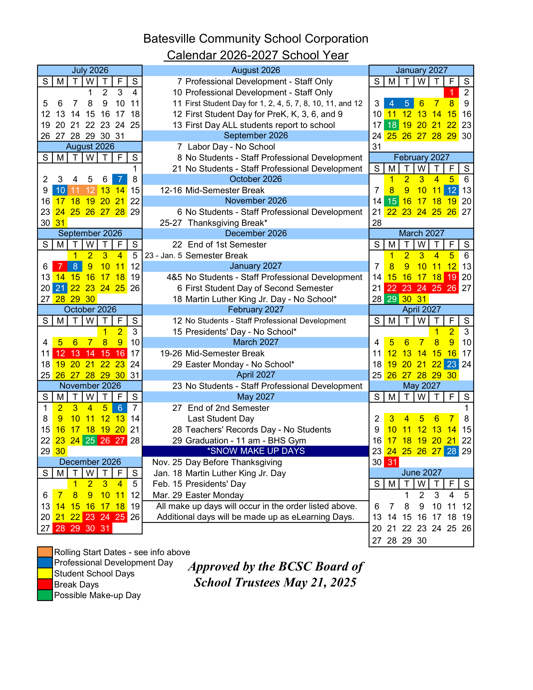 Batesville Community School Corporation Calendar 26-27 Revised