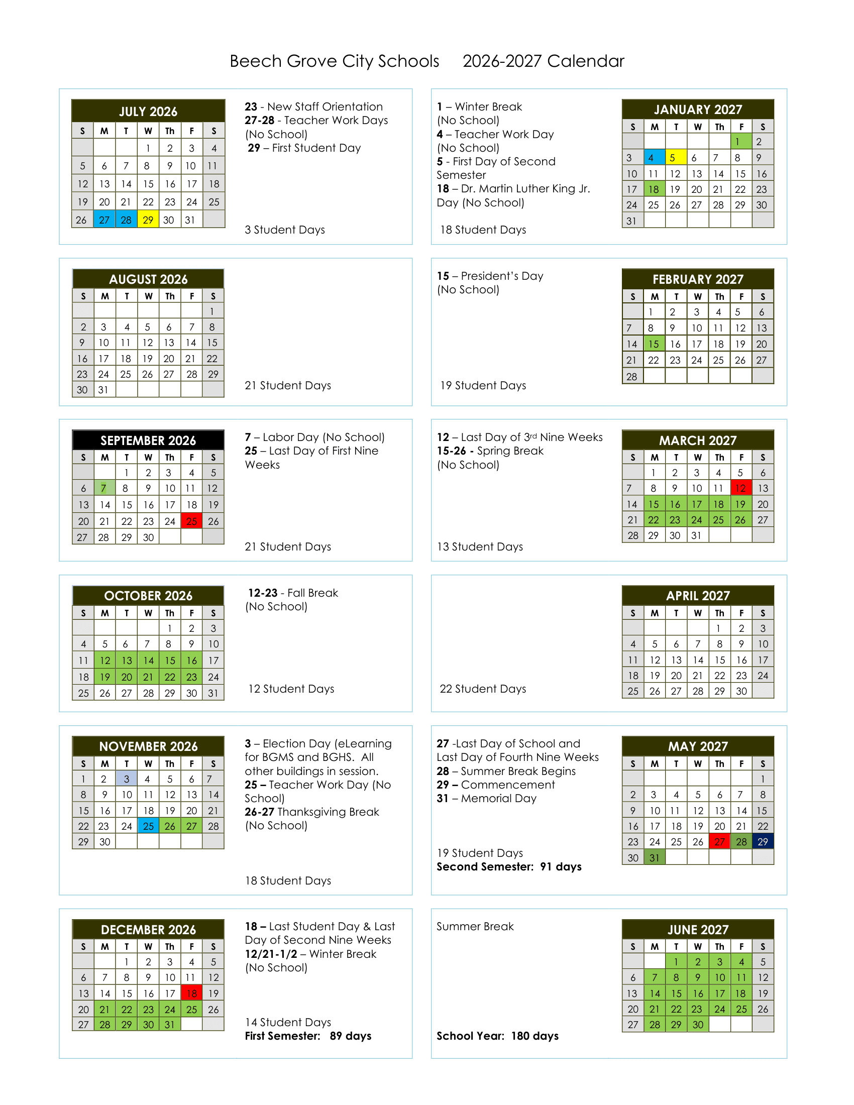 Beech Grove City Schools Calendar 26-27 Revised