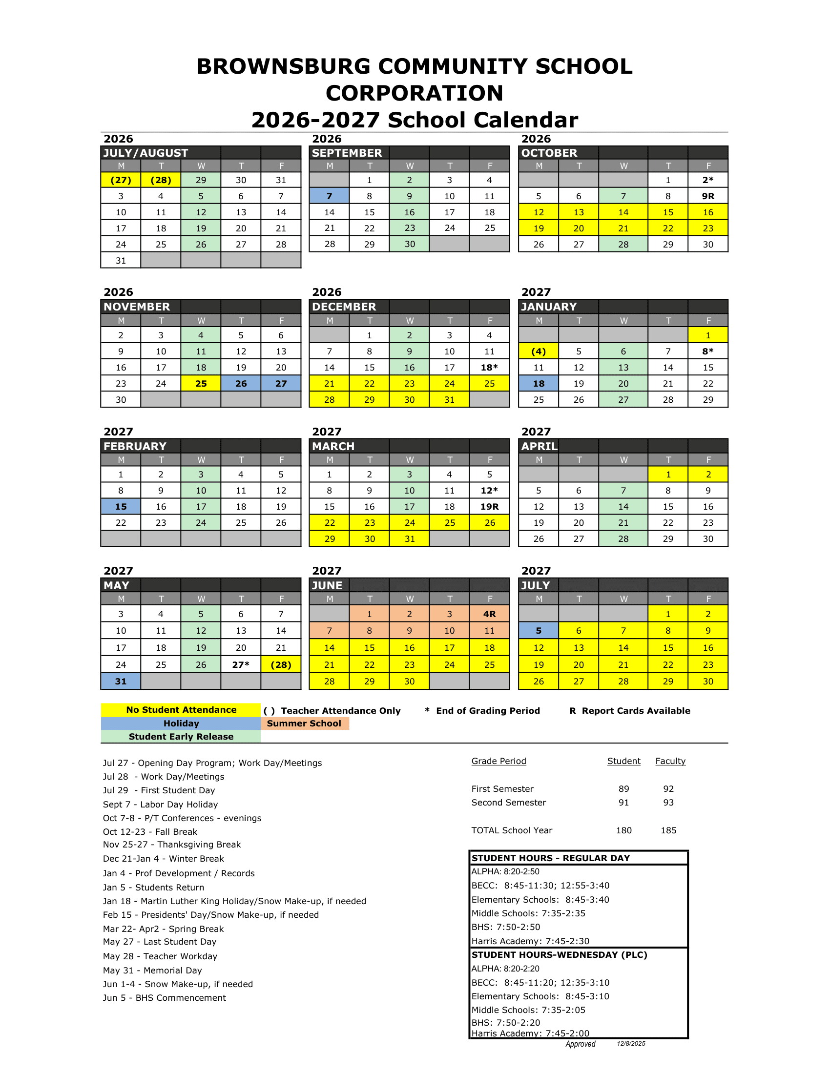 Brownsburg Community School Corporation Calendar 26-27 Revised