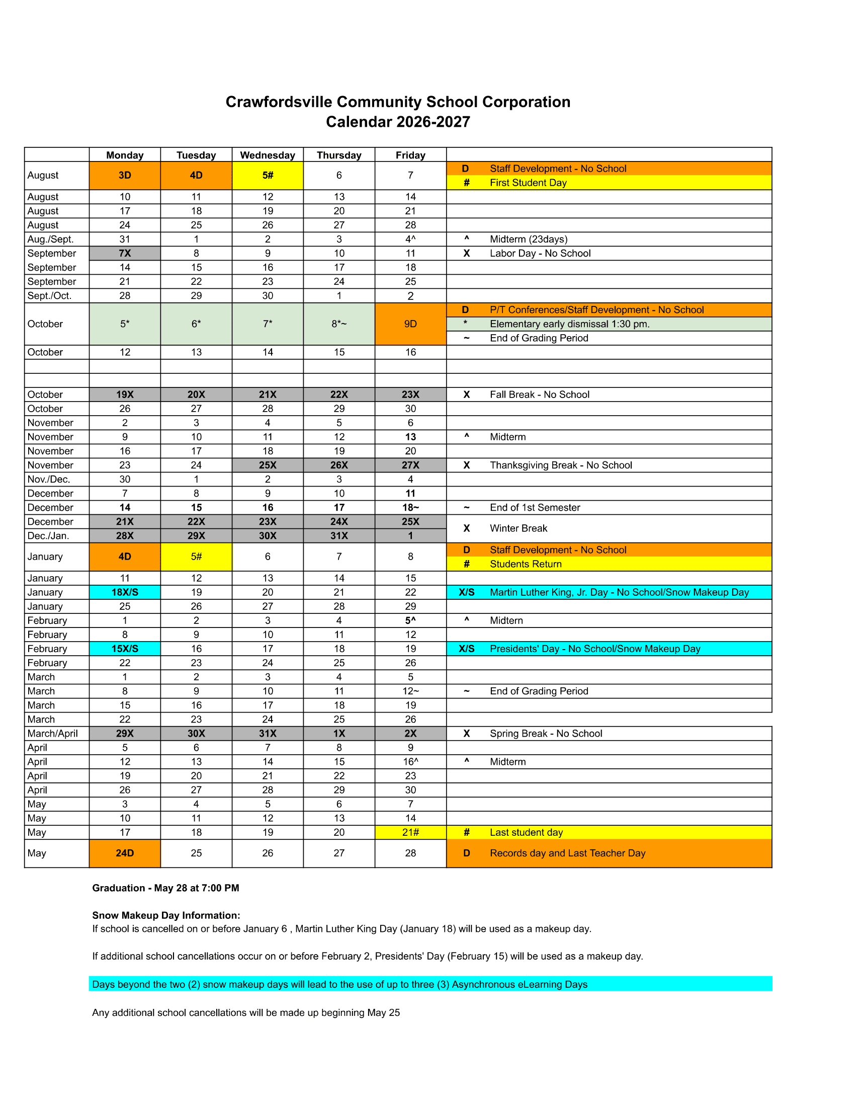 Crawfordsville Community School Corporation Calendar 26-27 Revised