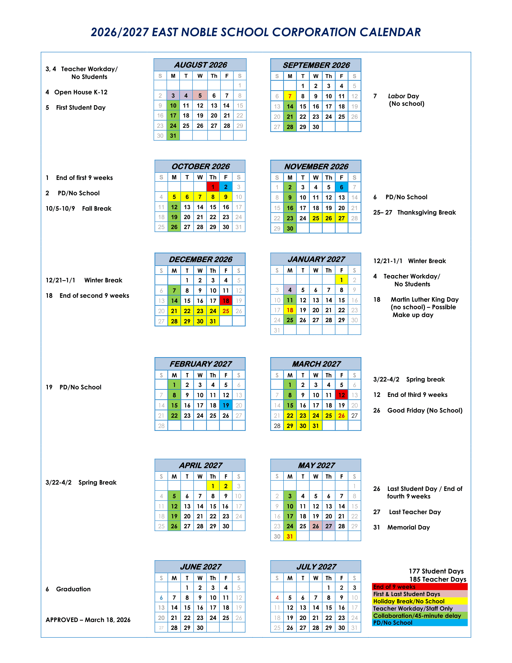 East Noble School Corporation Calendar 26-27 Revised