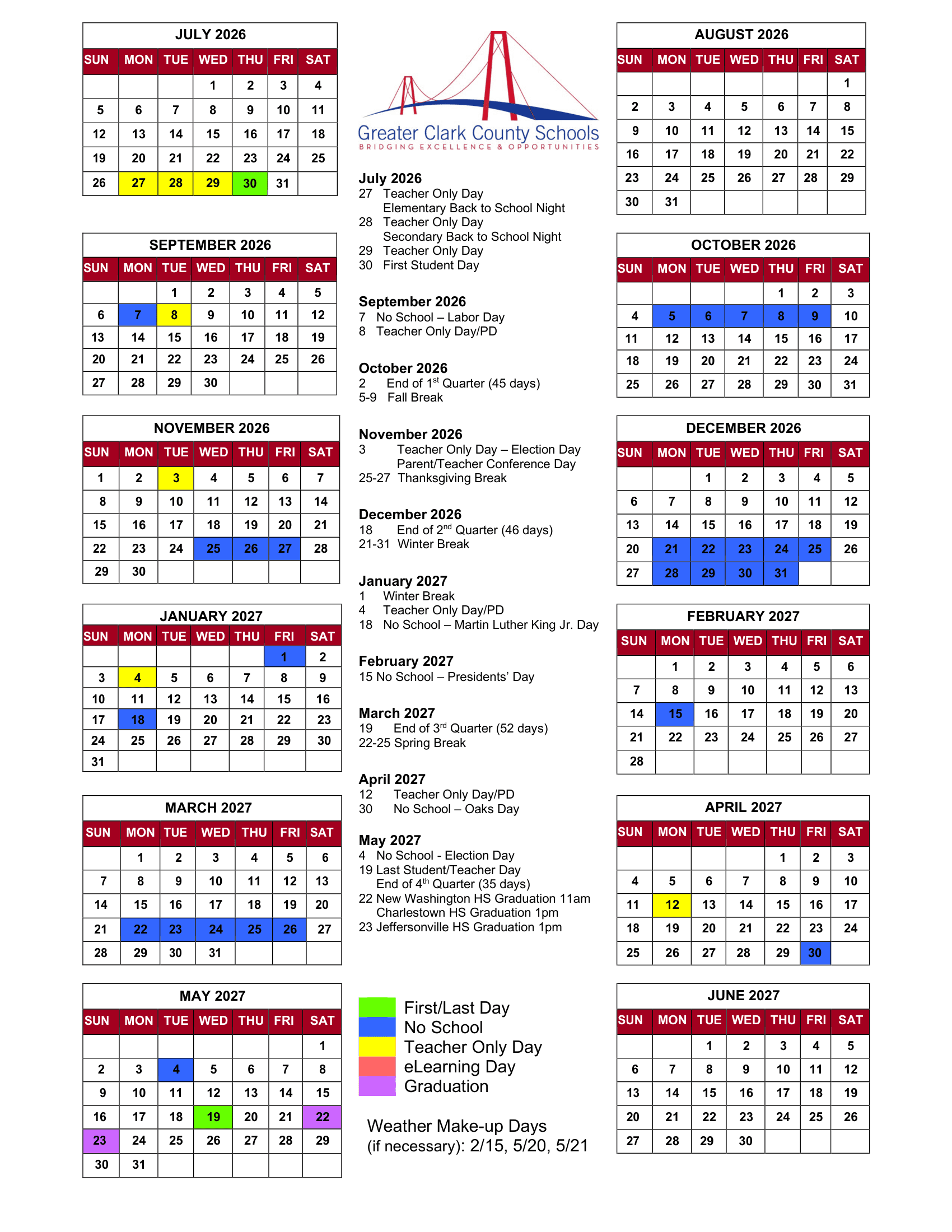 Greater Clark County Schools Calendar 26-27 Revised