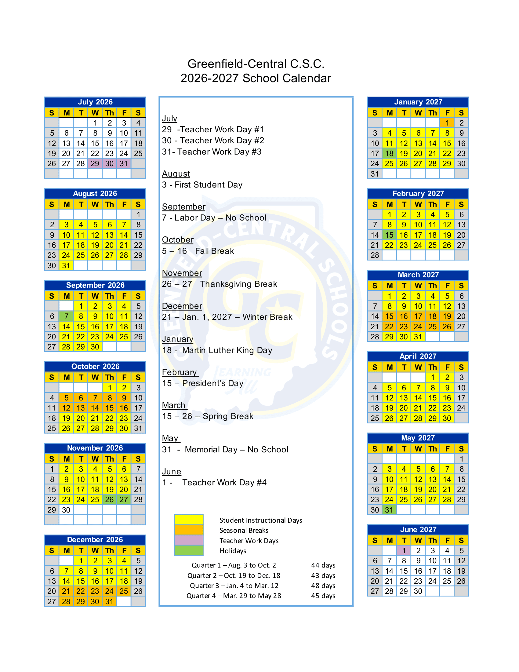 Greenfield-Central C.S.C. Calendar 26-27 Revised