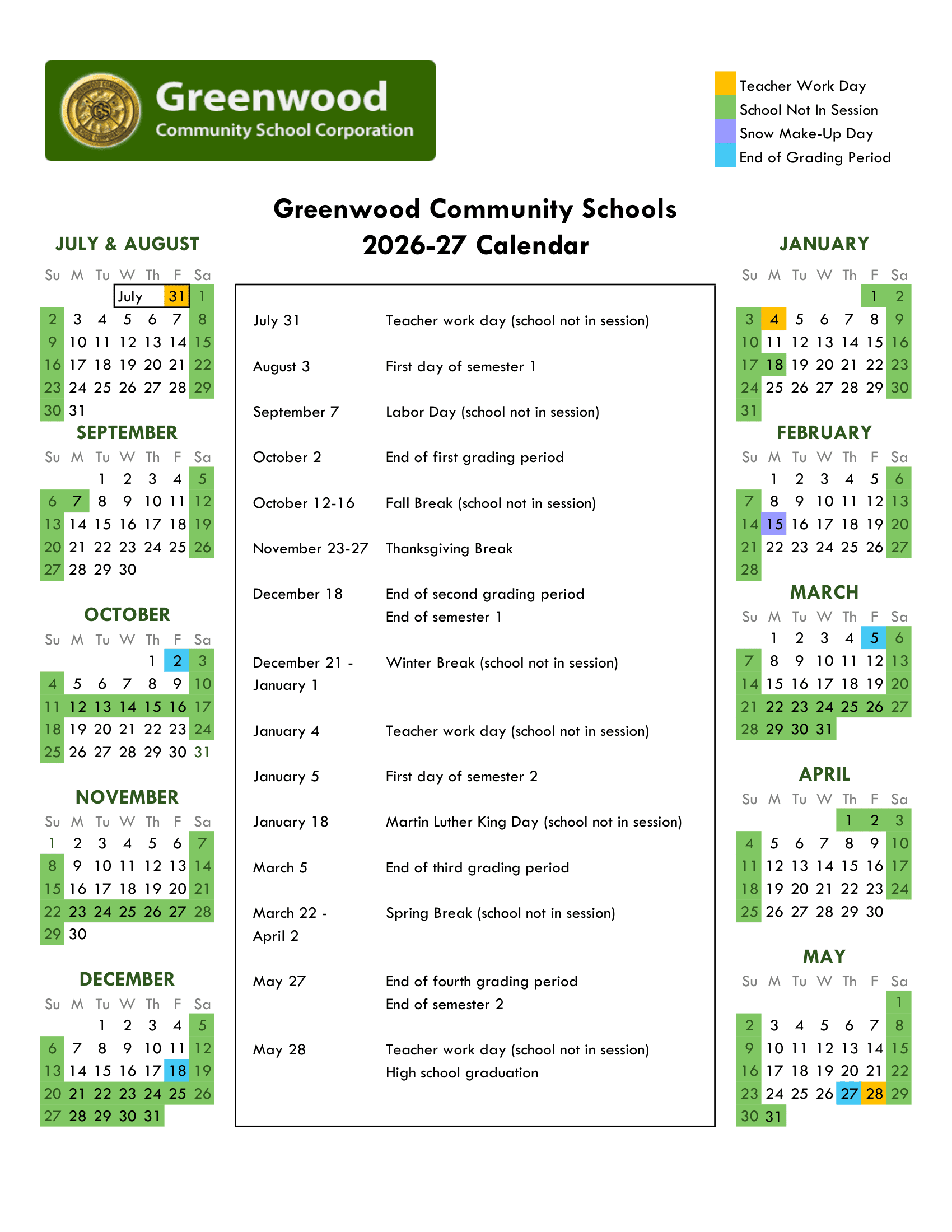 Greenwood Community Schools Calendar 26-27 Revised