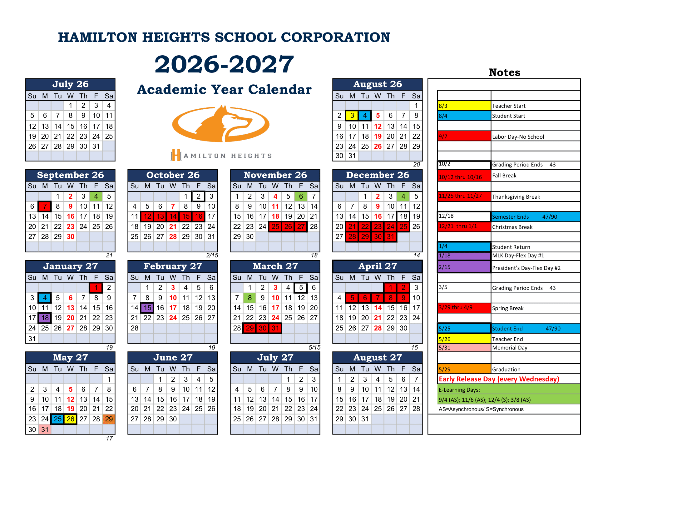 Hamilton Heights School Corporation Calendar 26-27 Revised
