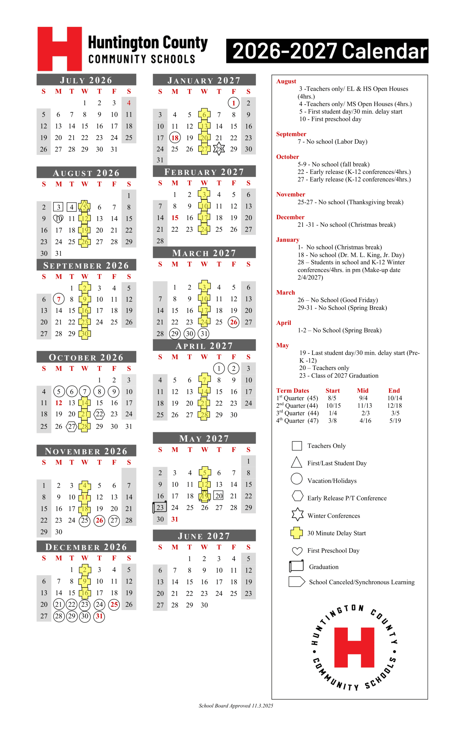 Huntington County Community Schools Calendar 26-27 Revised