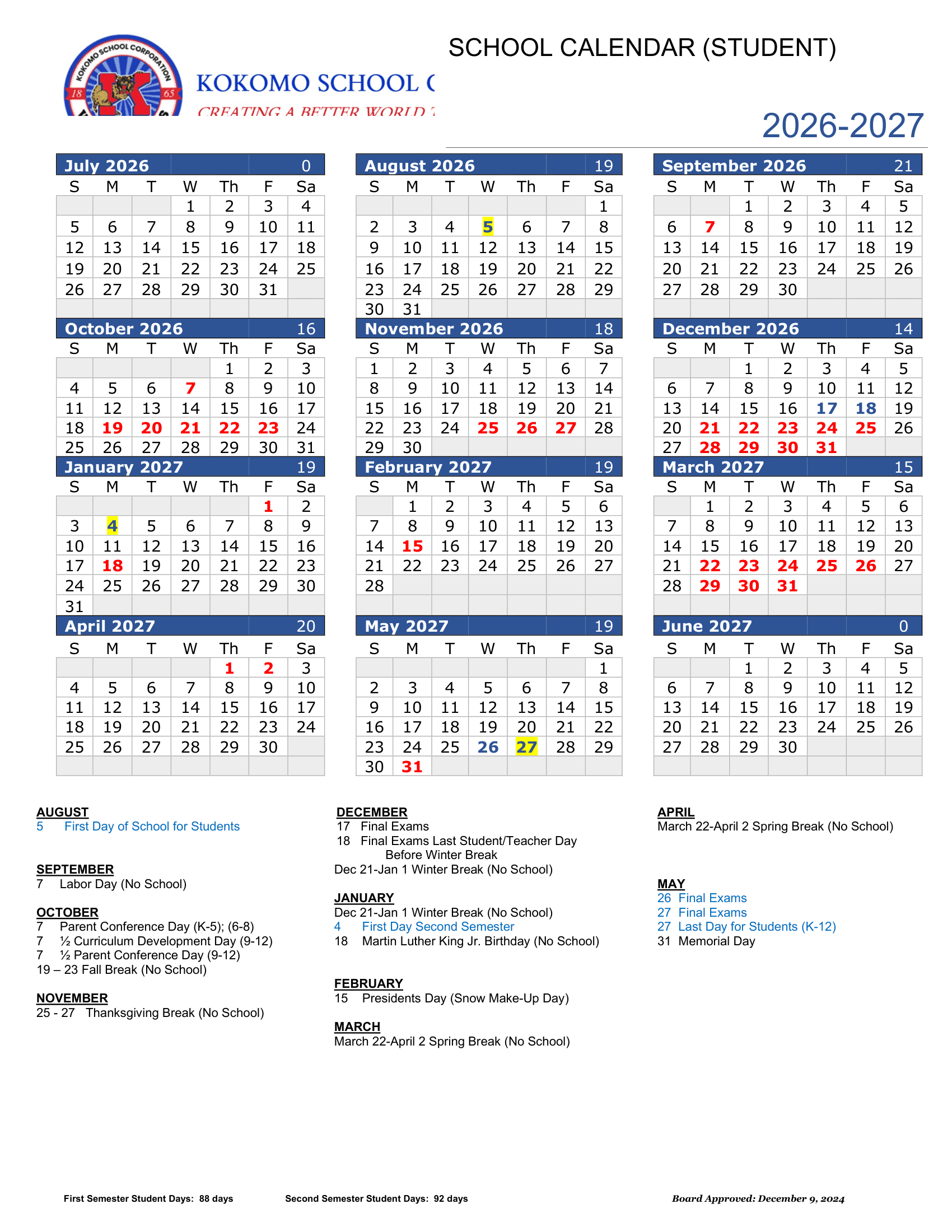 Kokomo School Corporation Calendar 26-27 Revised