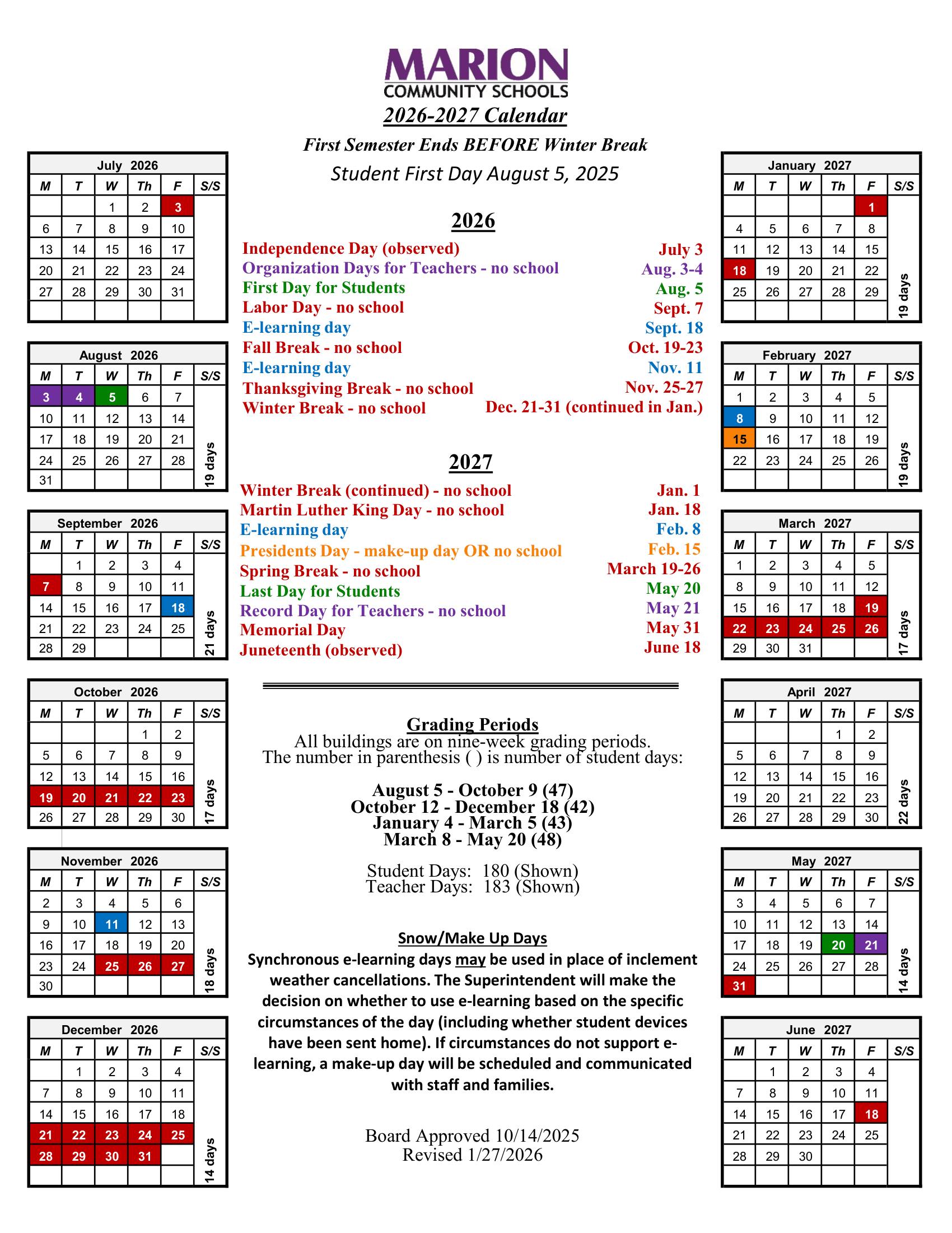Marion Community Schools Calendar 26-27 Revised