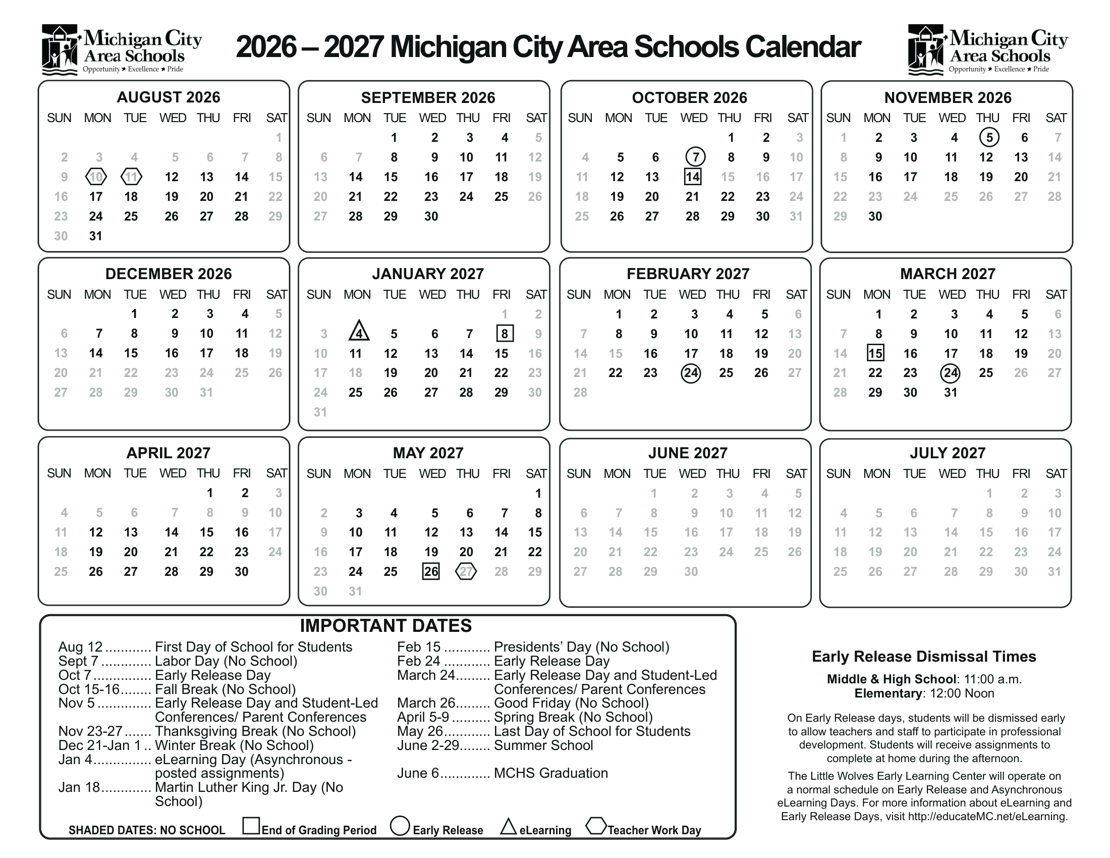 Michigan City Area Schools Calendar 26-27 Revised