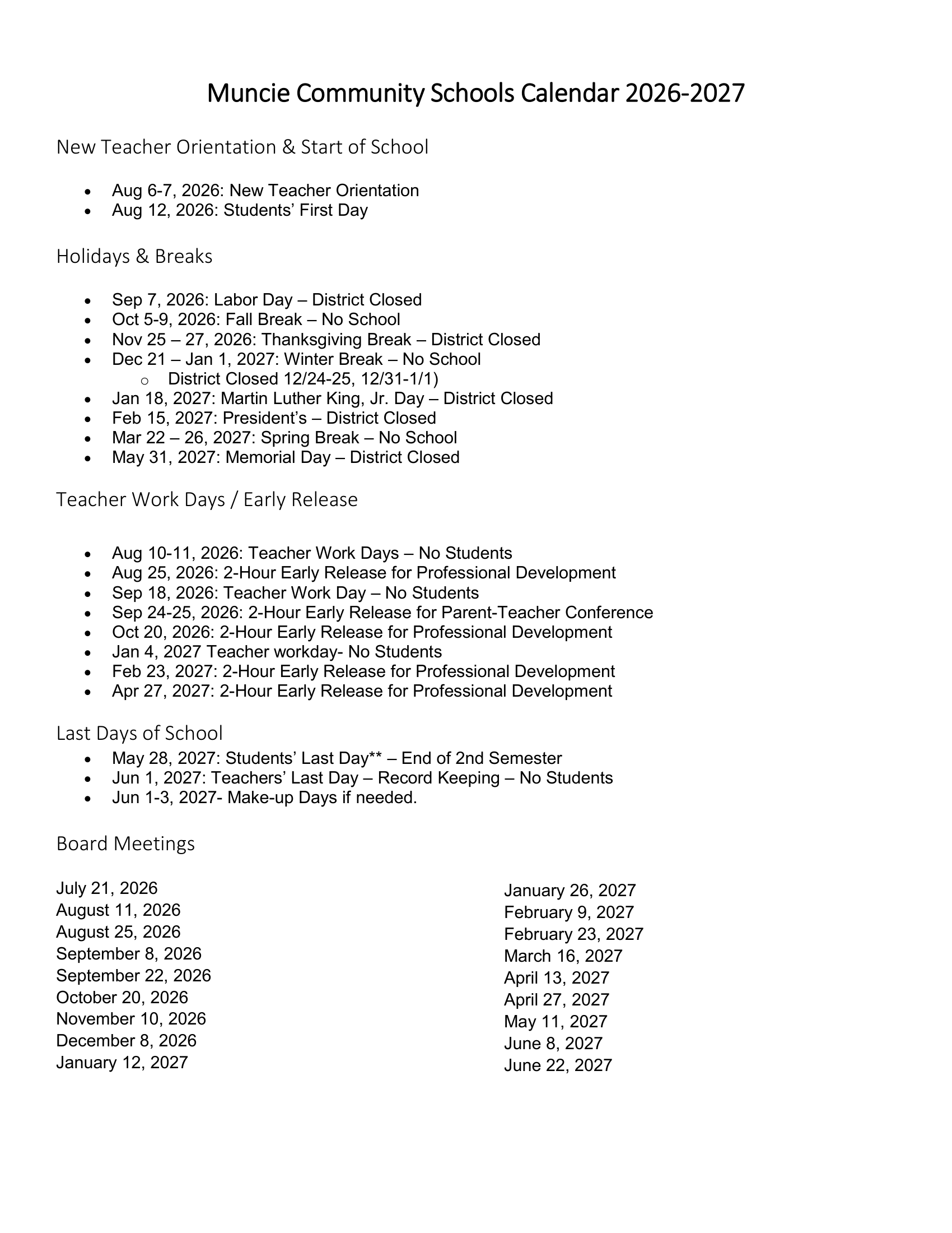 Muncie Community Schools Calendar 26-27 Revised