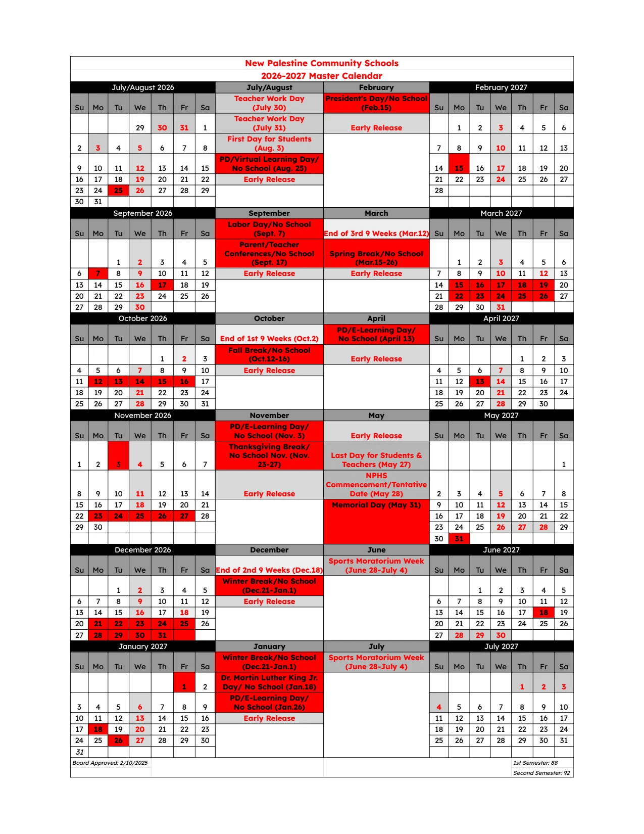 New Palestine Community Schools Calendar 26-27 Revised