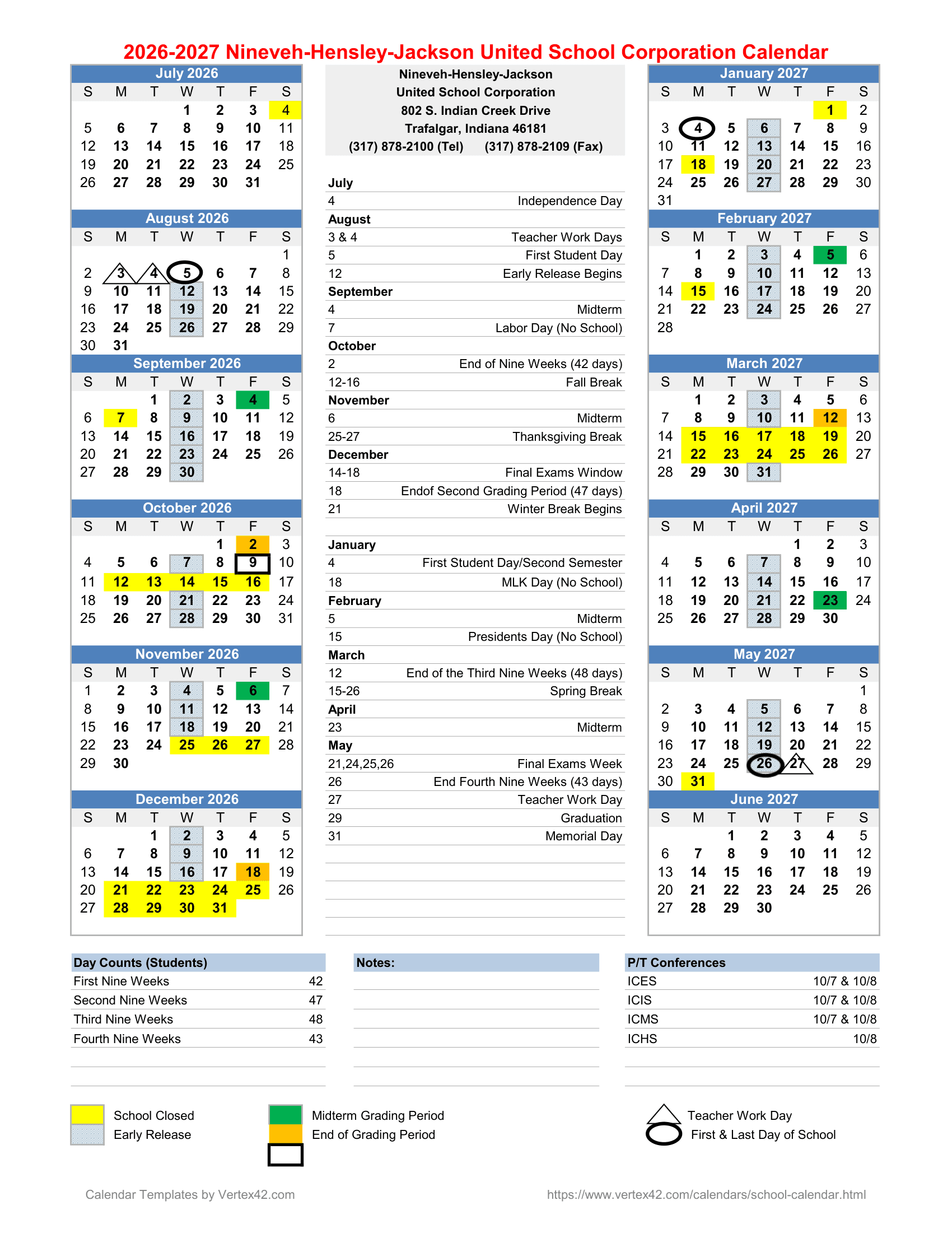 Nineveh-Hensley-Jackson United School Corporation Calendar 26-27 Revised