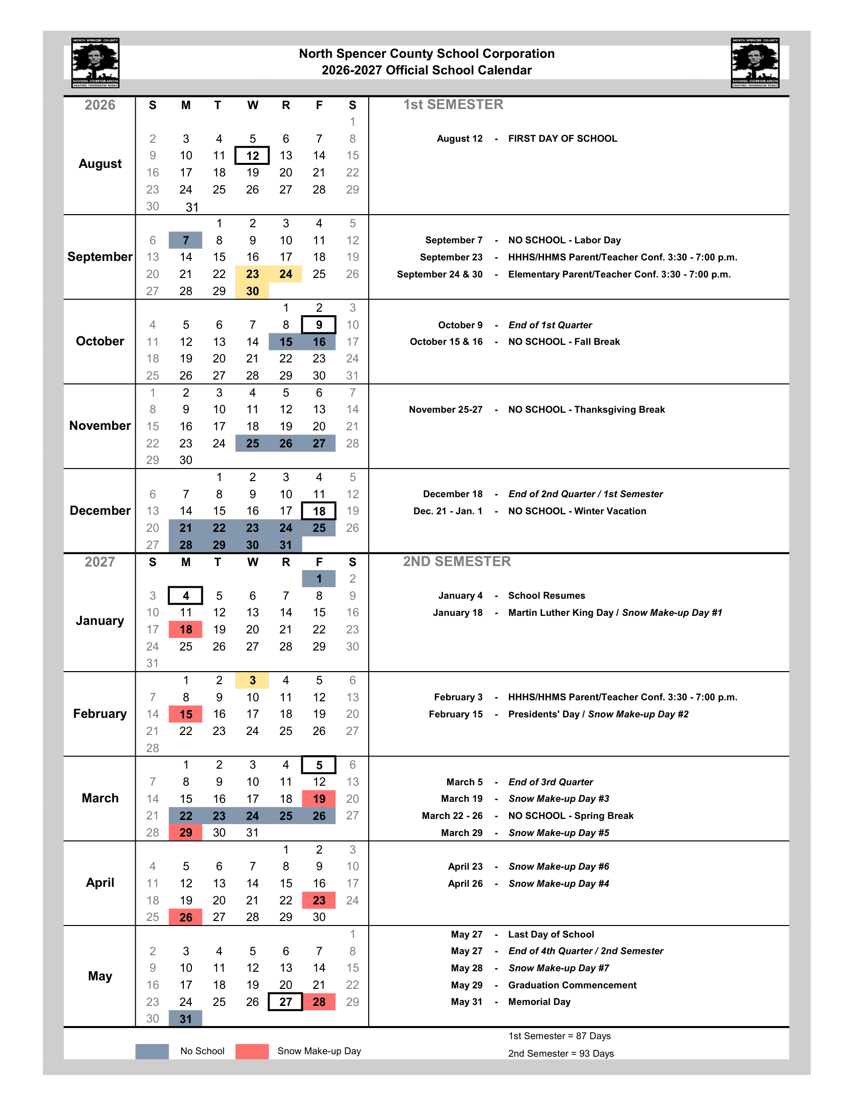 North Spencer County School Corporation Calendar 26-27 Revised