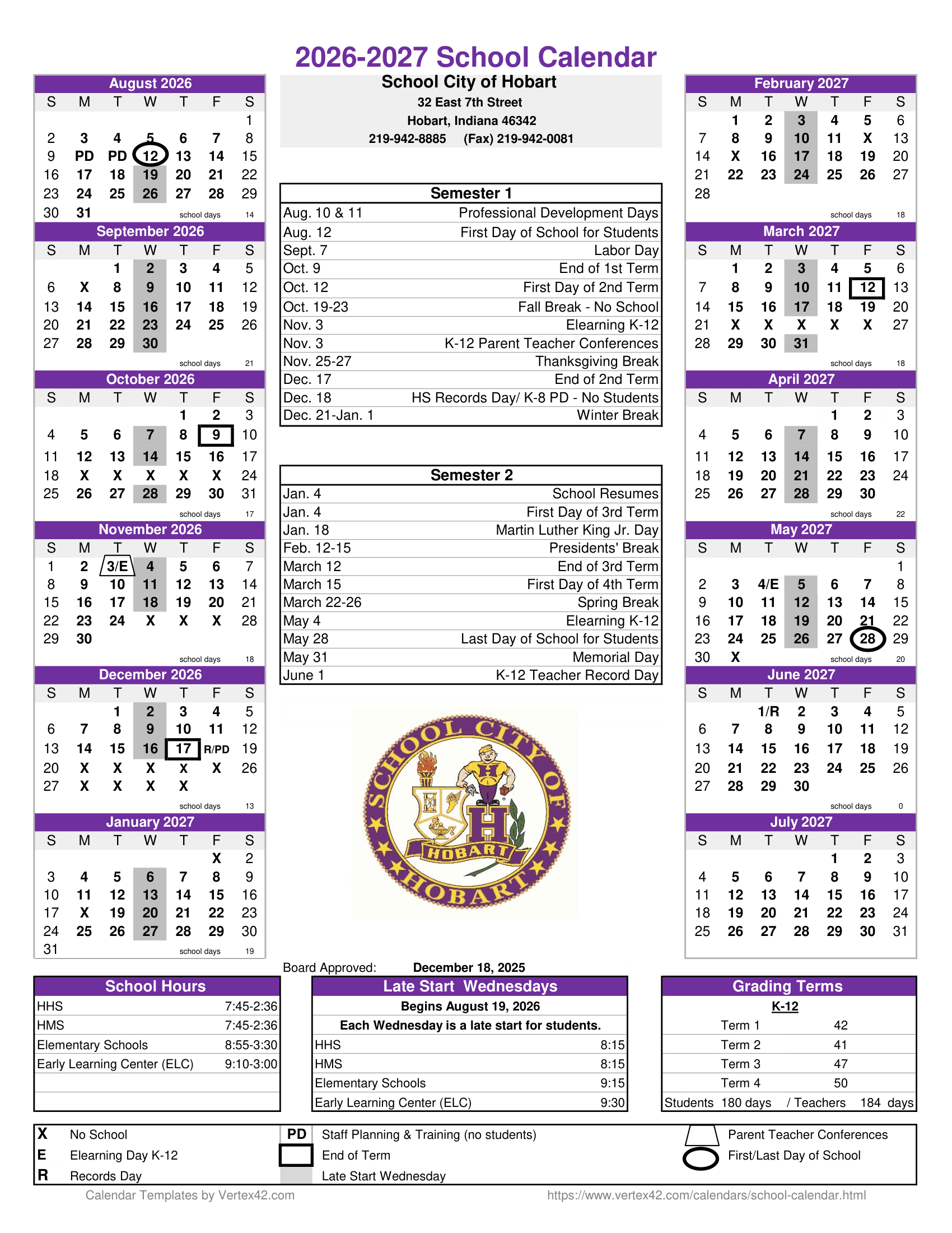 School City of Hobart Calendar 26-27 Revised