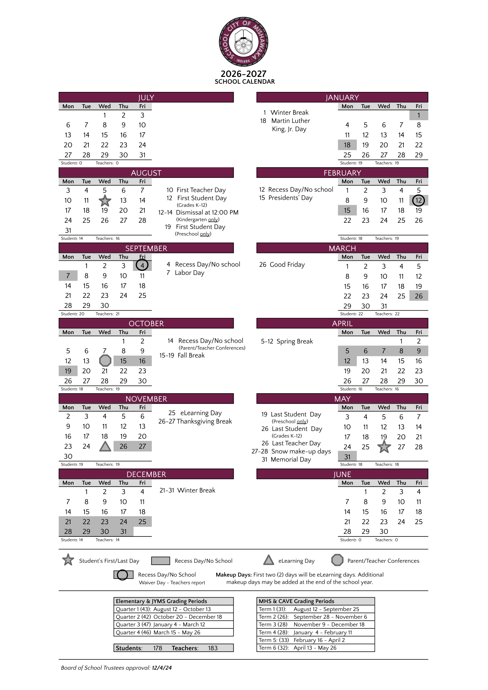 School City of Mishawaka Calendar 26-27 Revised