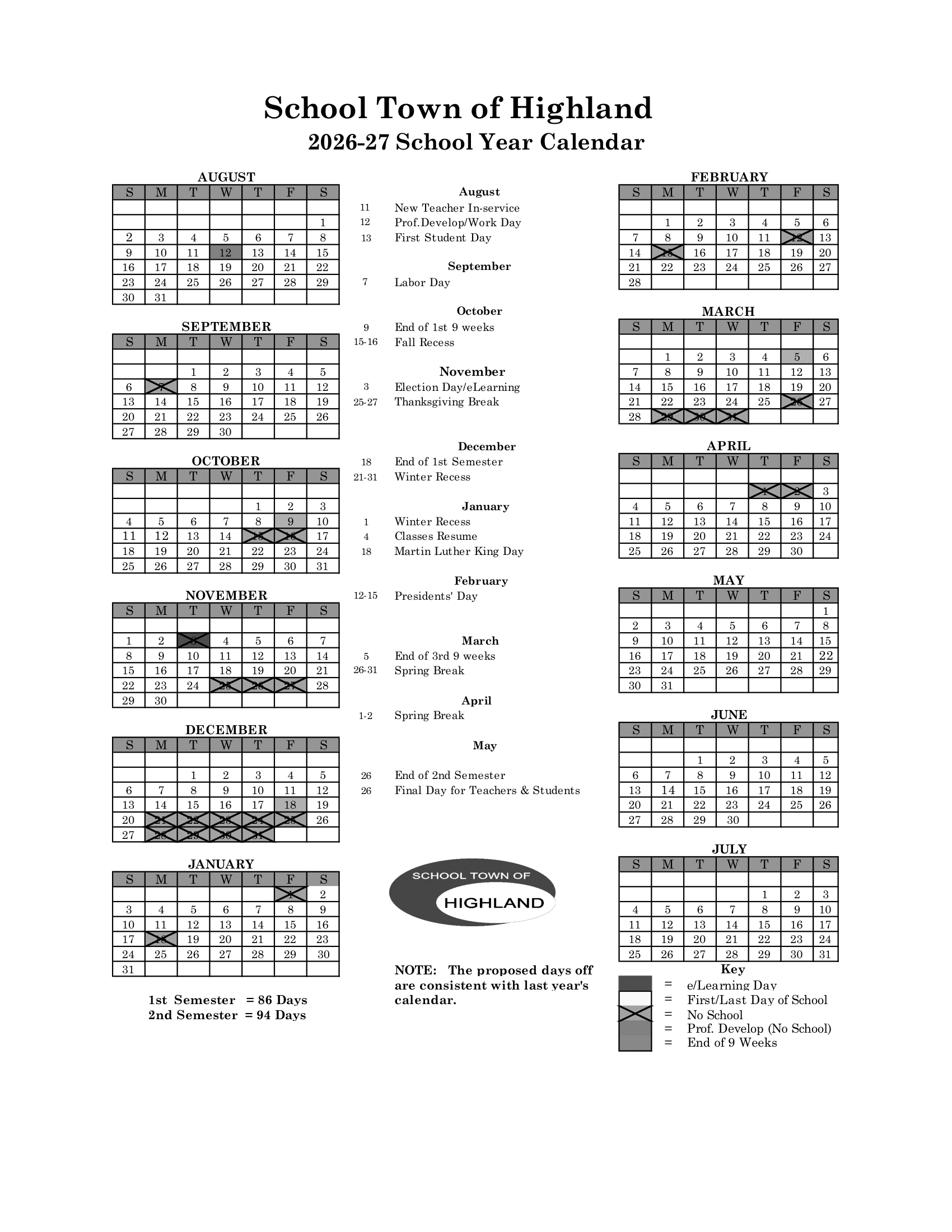 School Town of Highland Calendar 26-27 Revised