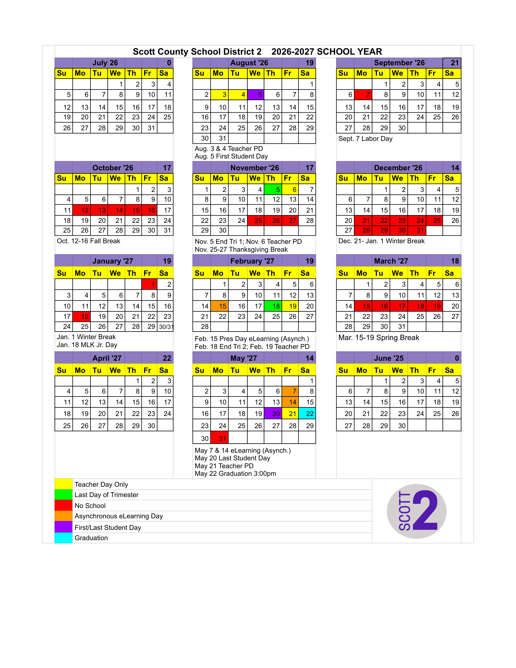 Scott County School District 2 Calendar 26-27 Revised