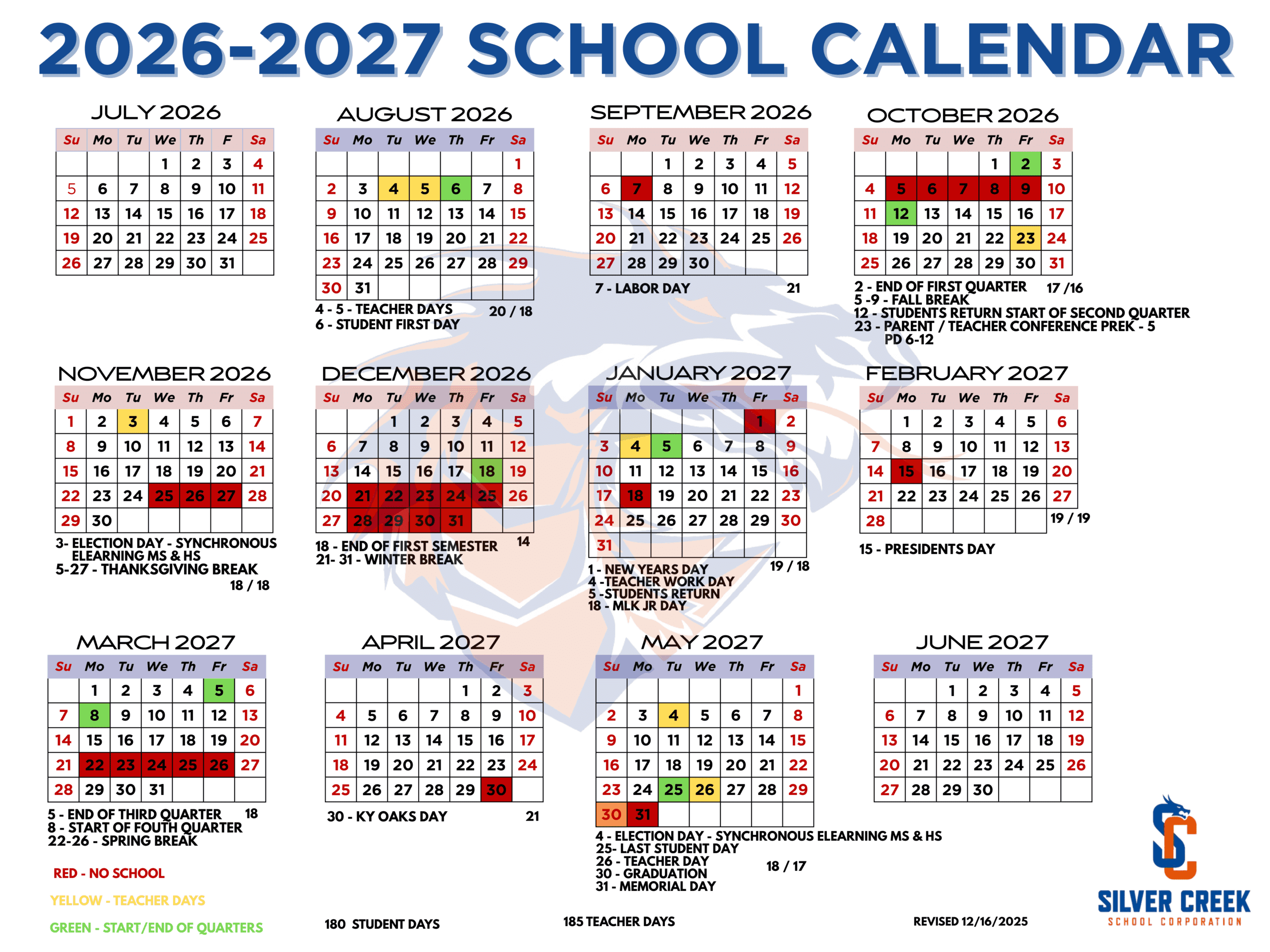 Silver Creek School Corporation Calendar 26-27 Revised
