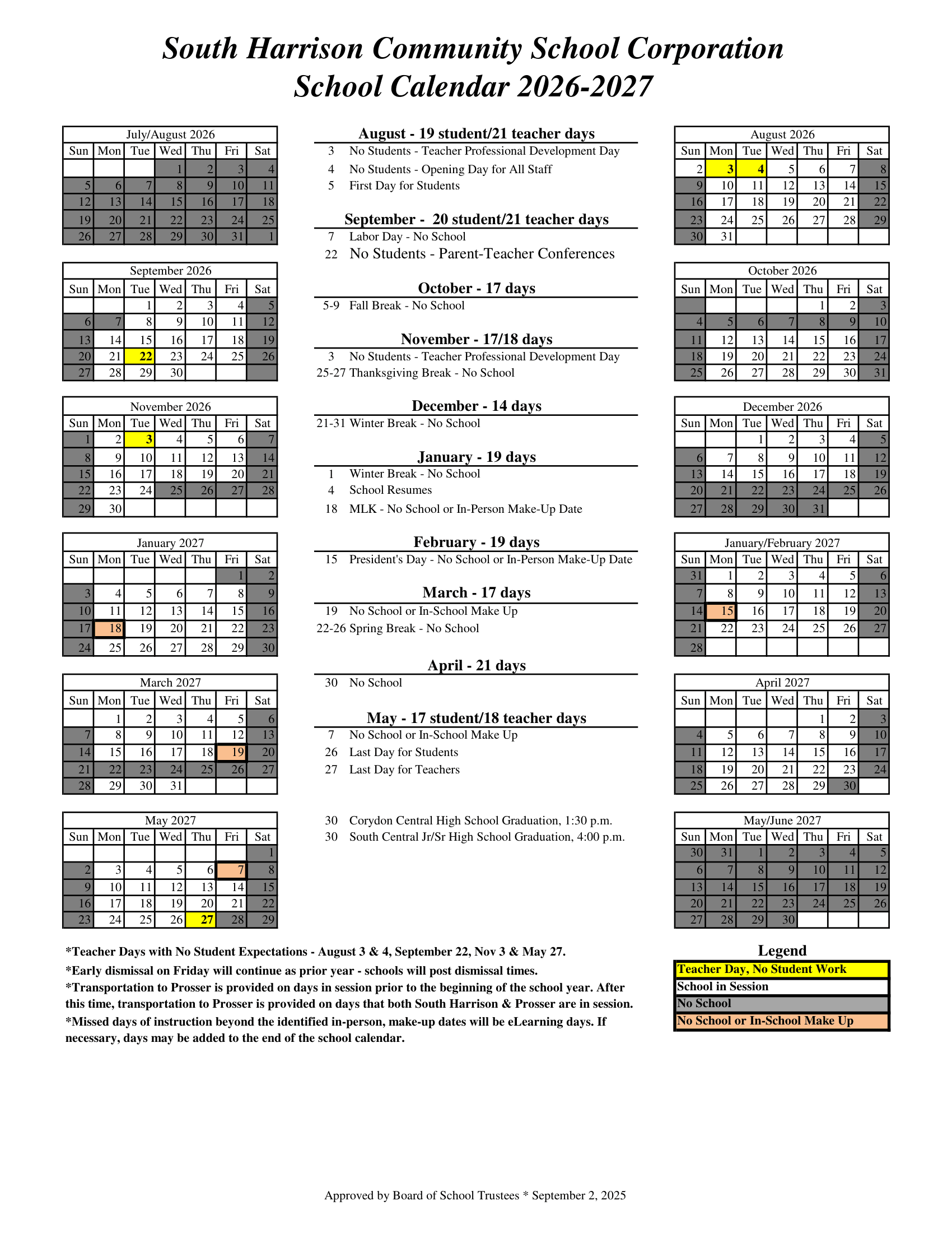 South Harrison Community School Corporation Calendar 26-27 Revised