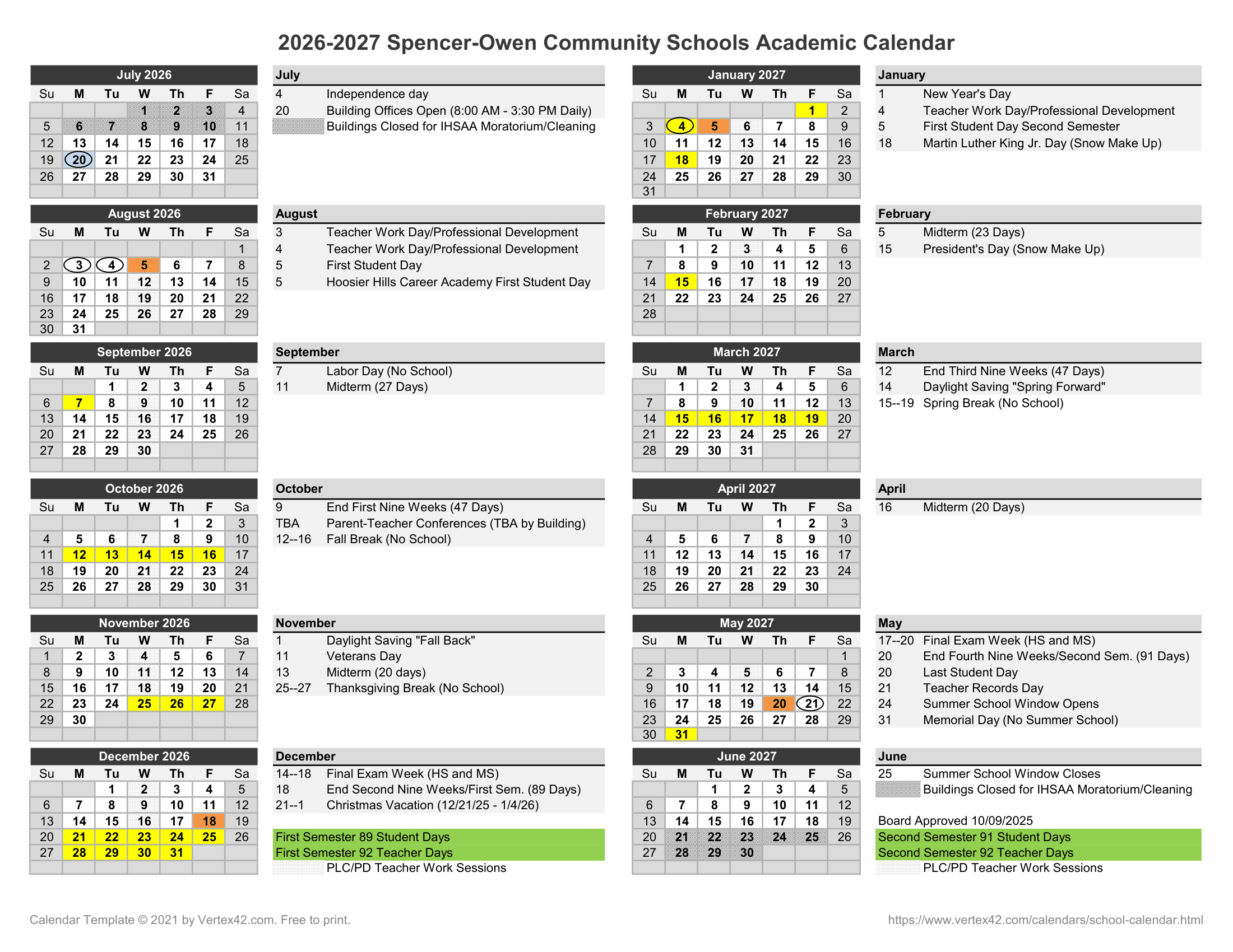 Spencer-Owen Community Schools Calendar 26-27 Revised