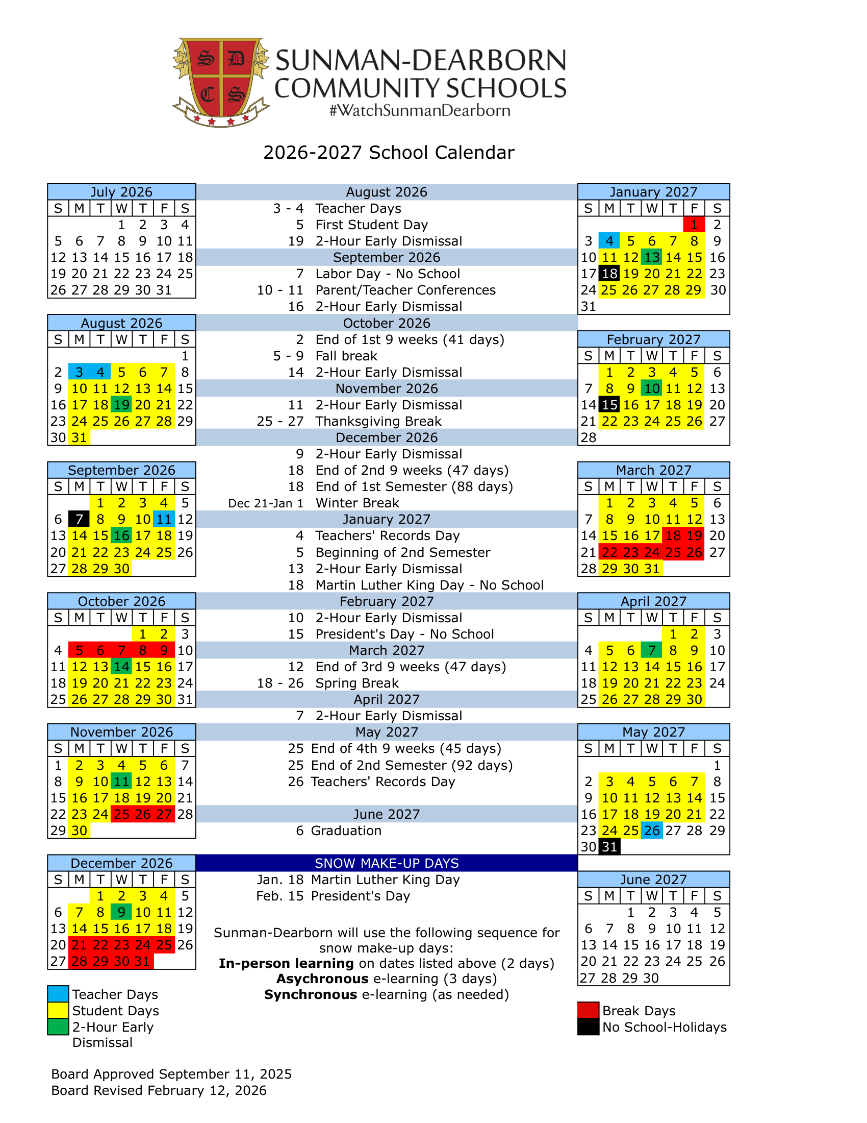 Sunman-Dearborn Community Schools Calendar 26-27 Revised