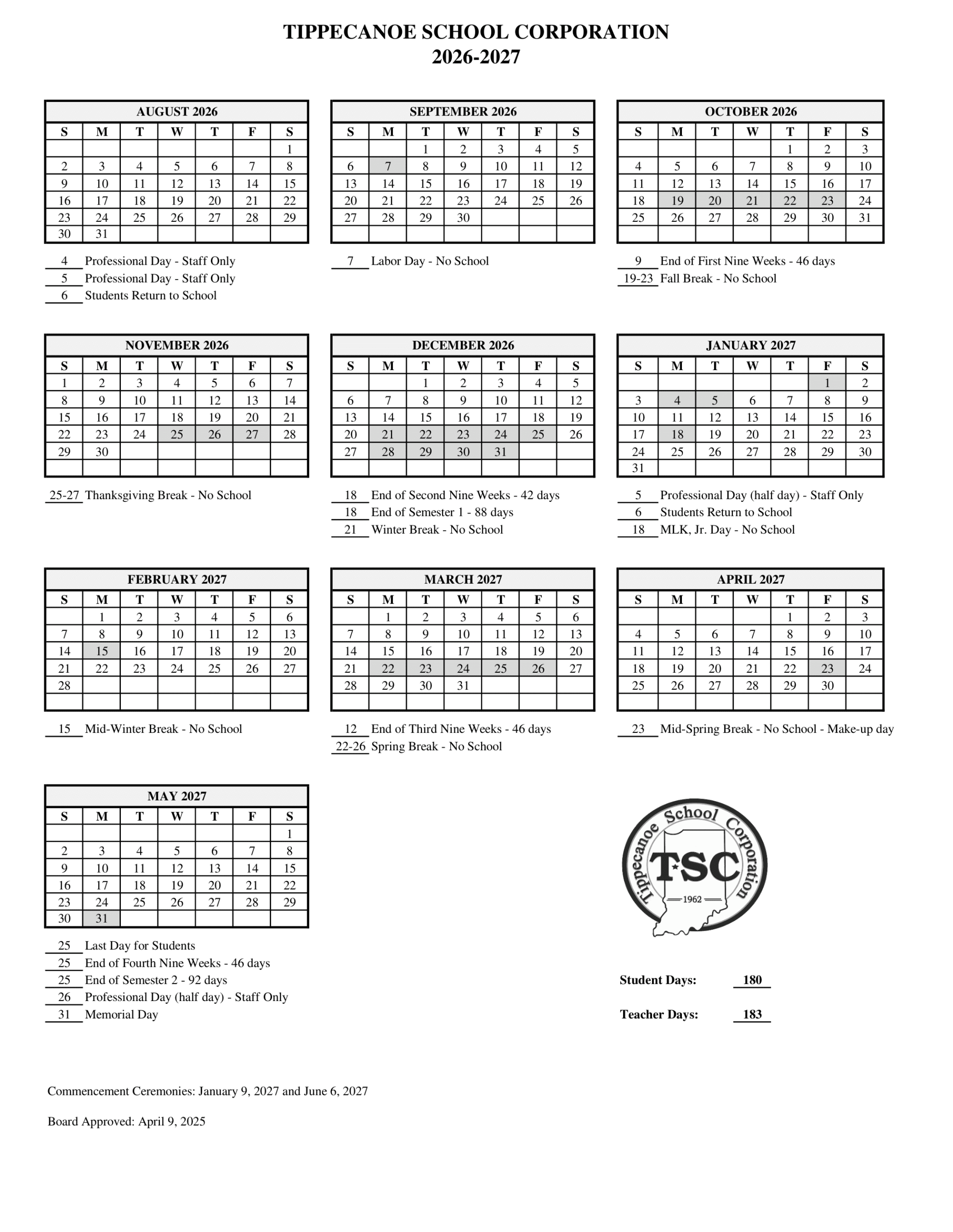 TIPPECANOE SCHOOL CORPORATION Calendar 26-27 Revised