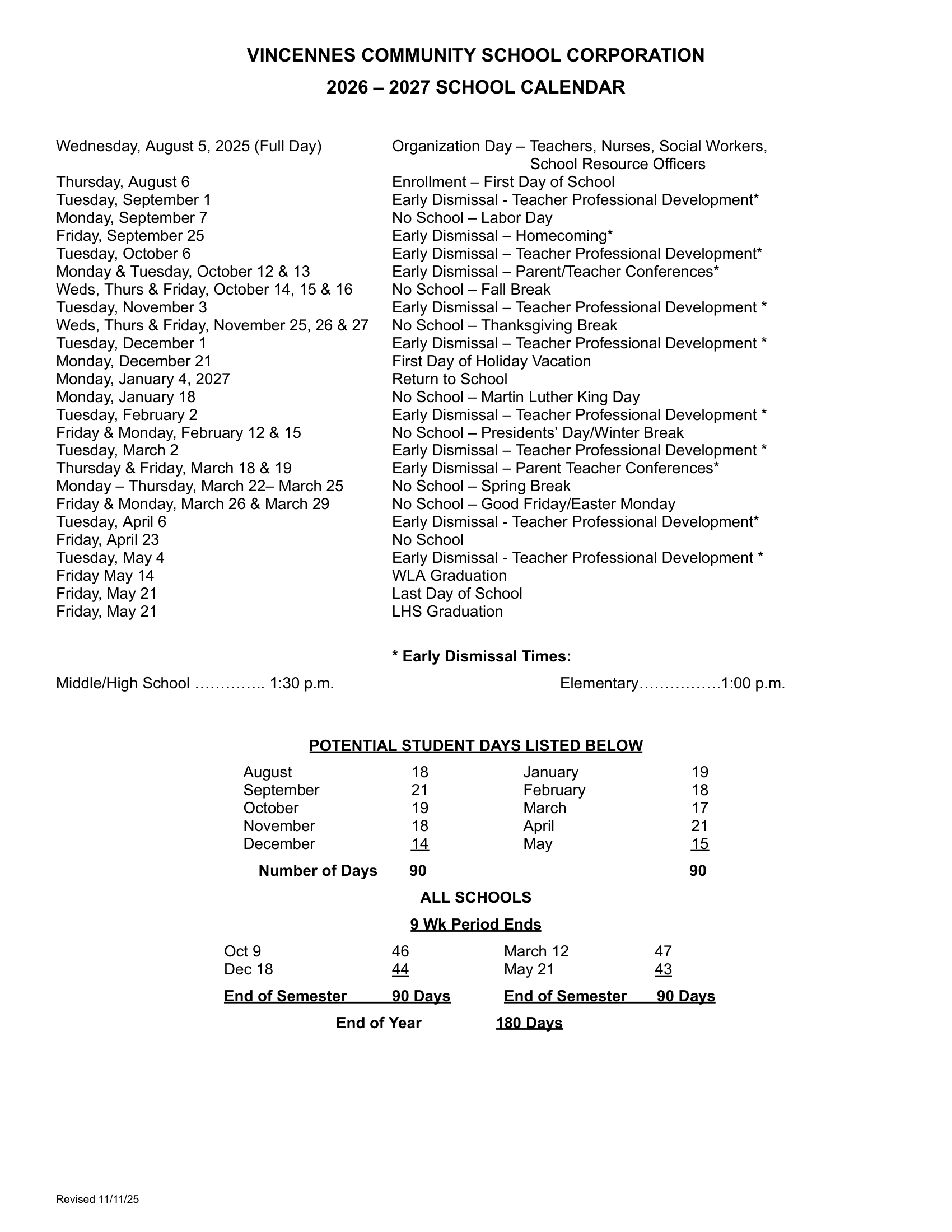 Vincennes Community School Corporation Calendar 26-27 Revised
