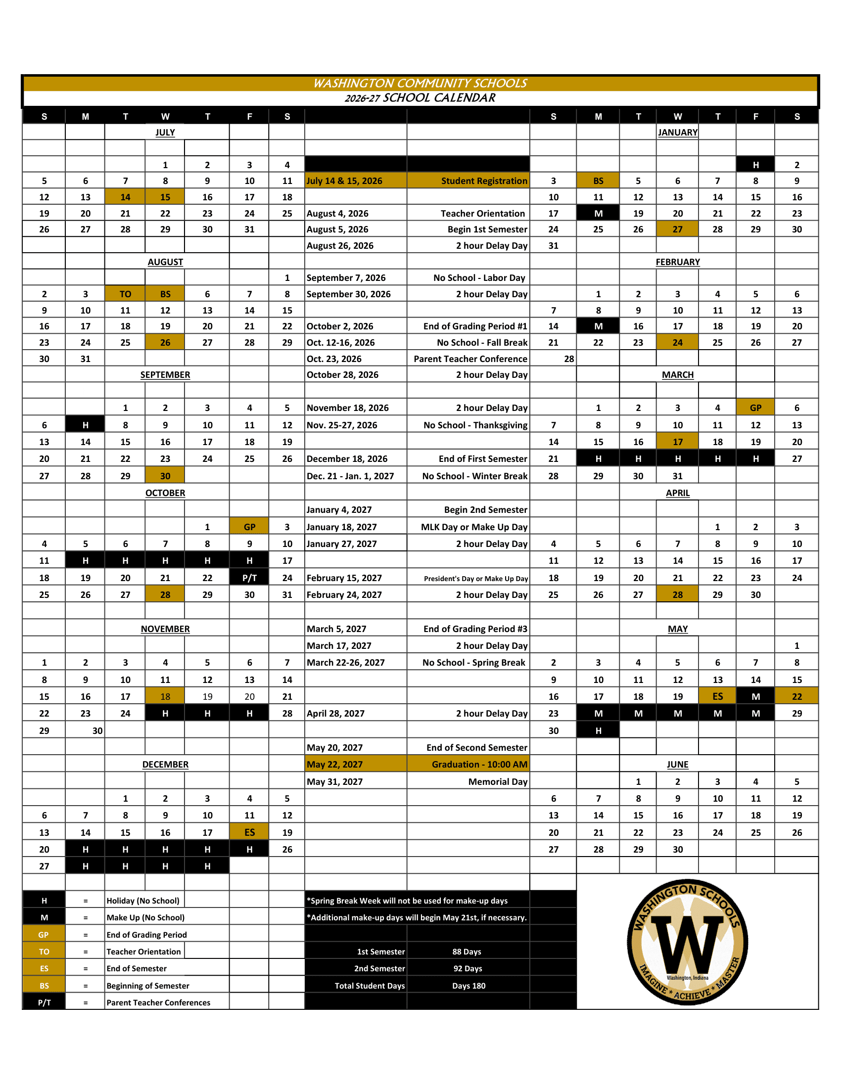 Washington Community Schools Calendar 26-27 Revised