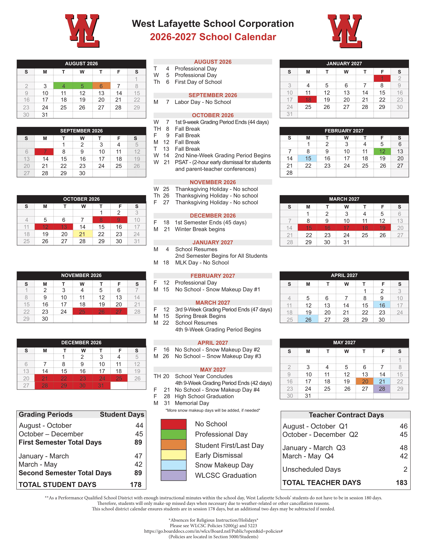 West Lafayette School Corporation Calendar 26-27 Revised