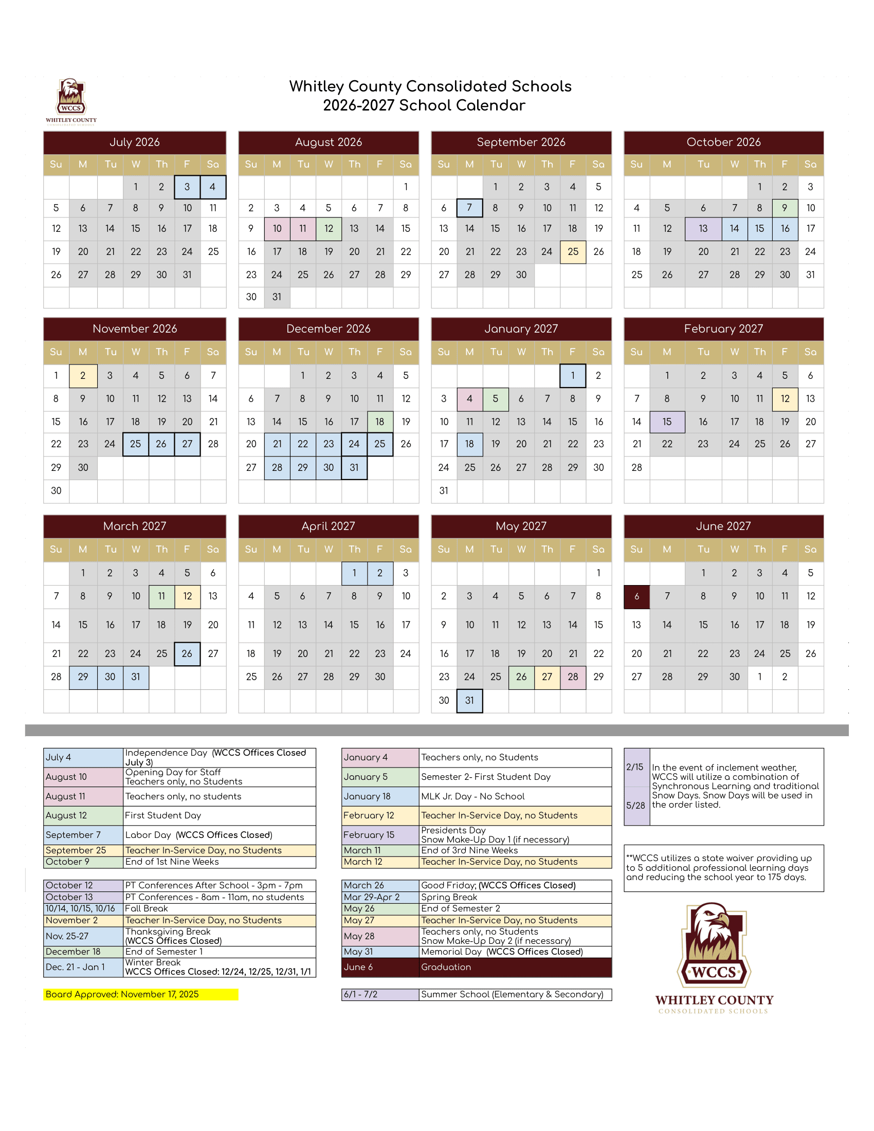 Whitley County Consolidated Schools Calendar 26-27 Revised
