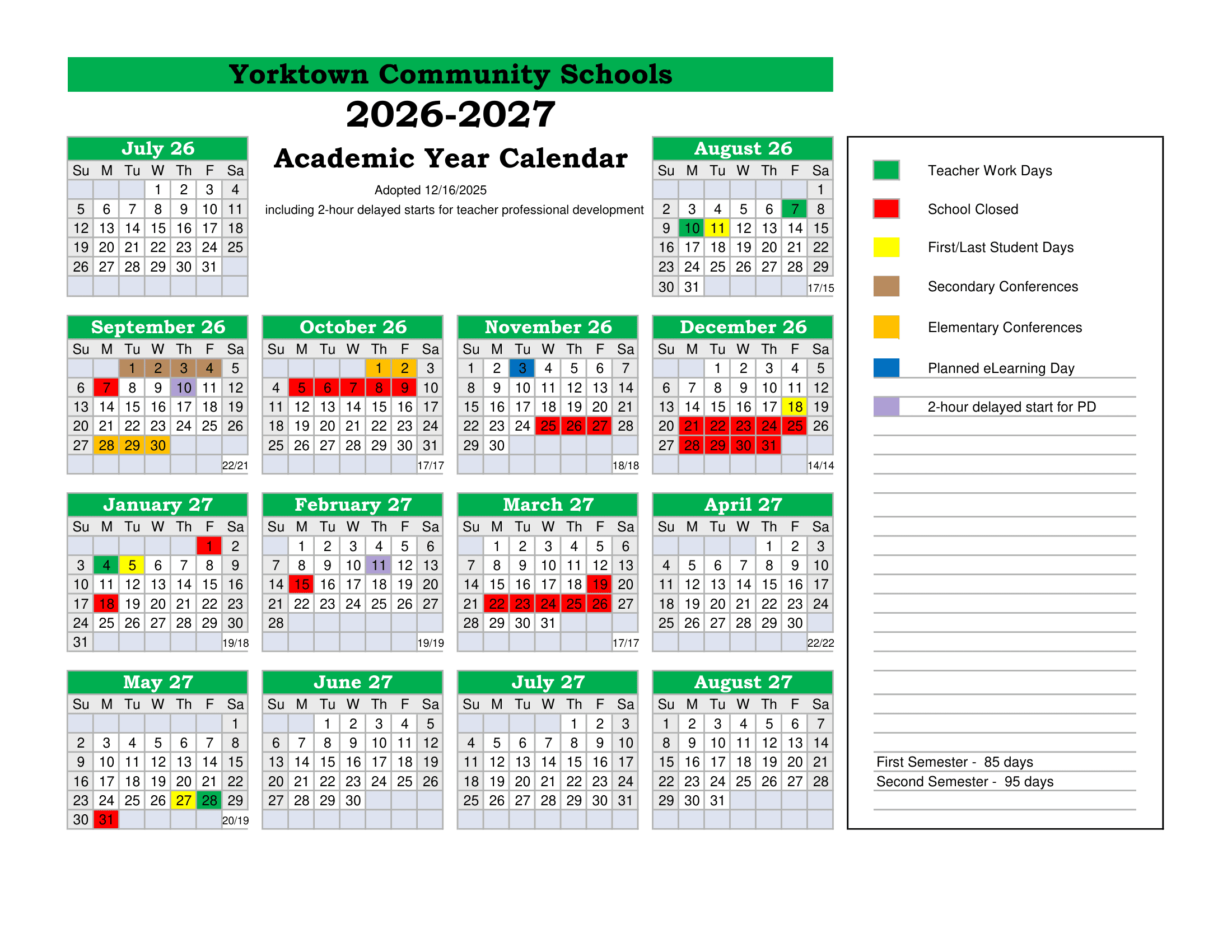 Yorktown Community Schools Calendar 26-27 Revised