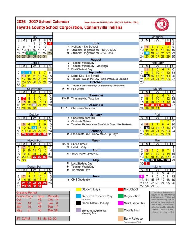 Fayette County School Corporation, Connersville Indiana Calendar 26-27 Revised
