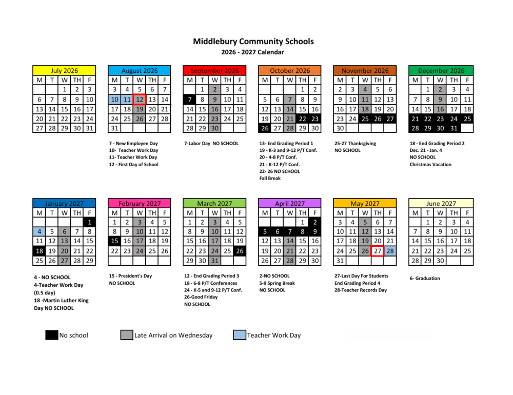 Middlebury Community Schools Calendar 26-27 Revised