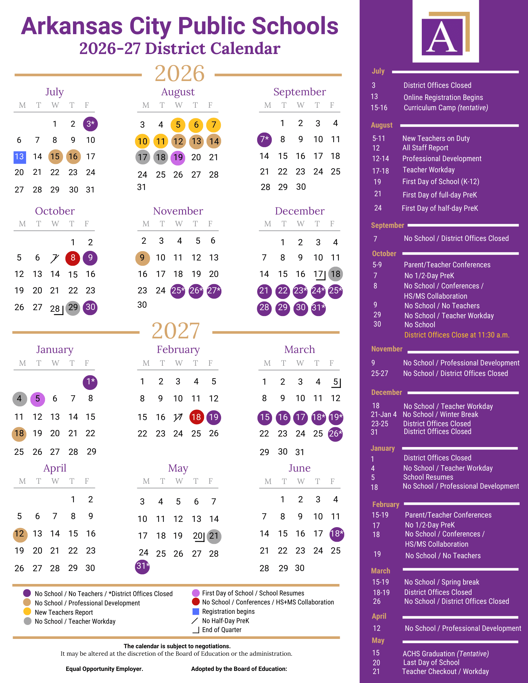 Arkansas City Public Schools USD 470 Calendar 26-27 Revised