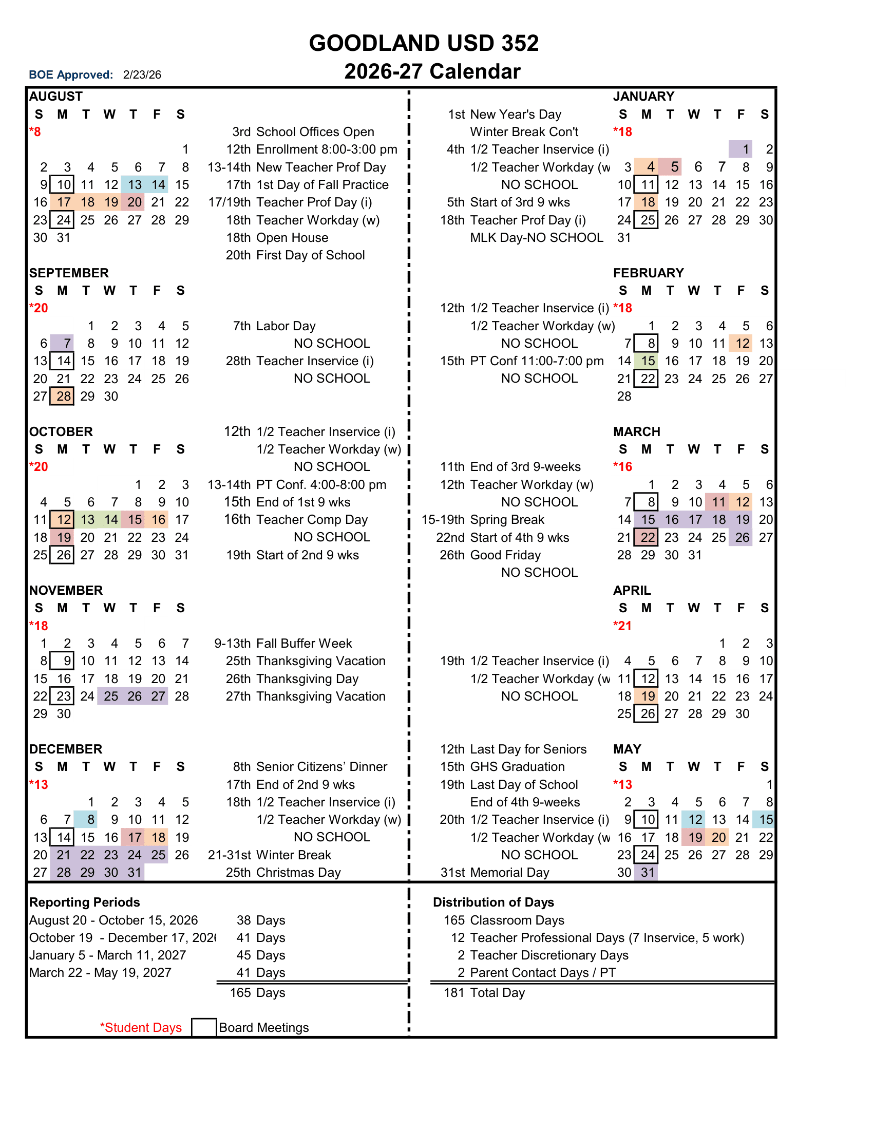 GOODLAND USD 352 Calendar 26-27 Revised