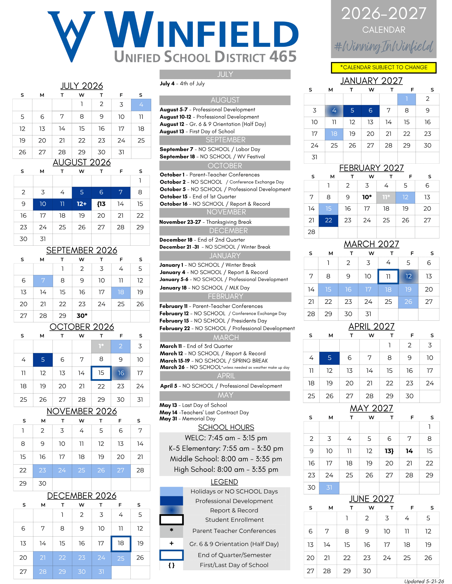 Winfield Unified School District 465 Calendar 26-27 Revised